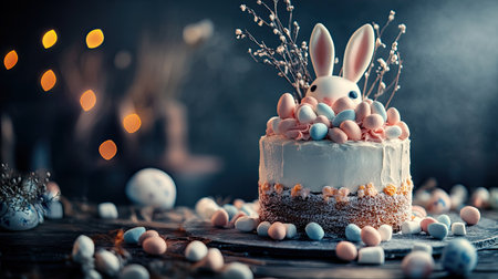 A chic Easter setup with a cake decorated with rabbit ears, marshmallows, and Easter eggs, willow twigs scattered around, set in soft lighting on a dark background.の素材