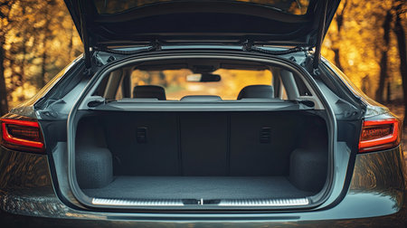 A wide, empty car trunk open to reveal plenty of space, with a clean, modern design, perfect for showcasing practicality and cargo capacity.の素材