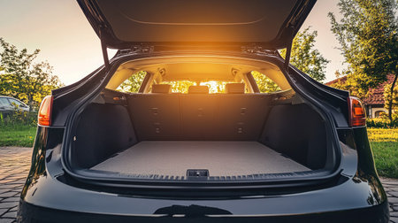 A wide-angle shot of a large car trunk open in an outdoor setting, emphasizing its depth and spaciousness, ideal for travel and cargo promotion.の素材
