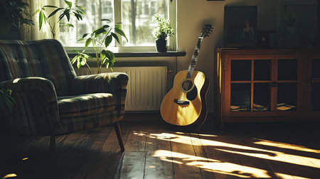 A sunlit corner of a room, an acoustic guitar sitting near a retro armchair with strong shadow play across the wooden floor.の素材