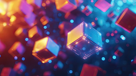 Abstract 3D rendering of floating cubes and vibrant light trails on a dark background, representing data flow and digital innovation.の素材