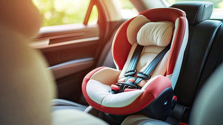 A well-secured child safety seat in a family car, showcasing the importance of safe travel for children. No baby is in the seat, just the clean, padded setup ready for use.の素材