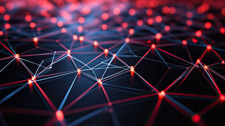 Abstract 3D rendering of interconnected dots and lines, representing data networks and digital communication.の素材