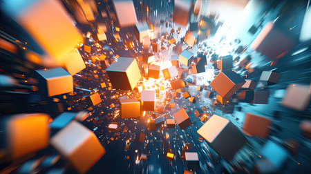 Abstract 3D rendering of light patterns and floating geometric shapes, creating a futuristic digital background.の素材