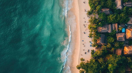Aerial beach view in Vietnam, with soft ocean waves gently reaching the shore, capturing the essence of a relaxing summer vacation.の素材