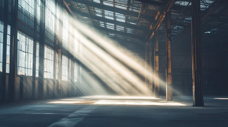 Beams of light filter through dusty windows in an empty warehouse, illuminating the exposed metal support beams and creating a rustic, industrial feel.の素材