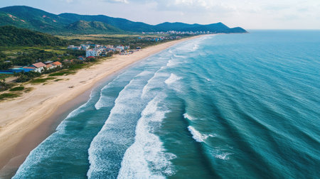 Aerial view of blue ocean waves and sandy Vietnam coastline, showcasing the natural beauty of a tropical beach, ideal for summer vacations.の素材