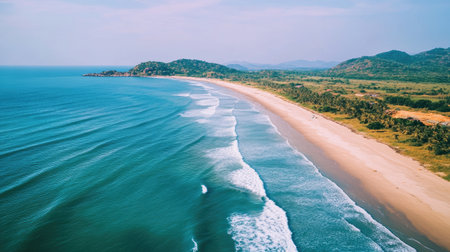Aerial view of blue ocean waves and sandy Vietnam coastline, showcasing the natural beauty of a tropical beach, ideal for summer vacations.の素材
