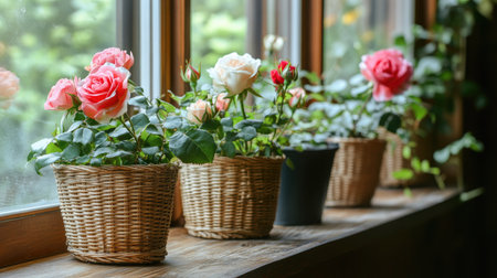 Beautiful roses and houseplants arranged in wicker baskets on a rustic wooden windowsill. A warm, inviting atmosphere in a plant-filled home.の素材
