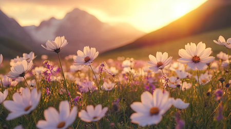 Beautiful cosmos flowers swaying gently in a field at sunset, with towering mountains in the background bathed in soft golden light.の素材