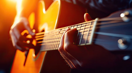 Close-up of guitar chords being played by a musician's hands on an acoustic guitar, highlighted by hard light with a blurred musical background.の素材