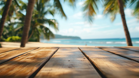 Close-up of a wooden table with blurred coconut trees and a sandy beach in the background, evoking a sunny tropical paradise.の素材