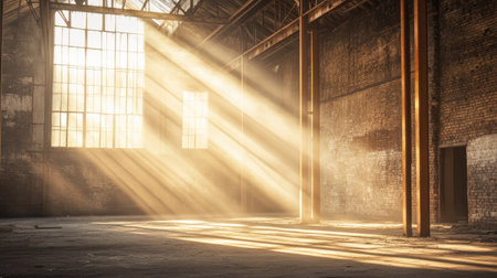 Bright sunlight streaming into an abandoned warehouse, highlighting worn wooden support beams and rough brick walls, giving the space a warm, nostalgic glow.の素材