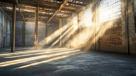 Bright sunlight streaming into an abandoned warehouse, highlighting worn wooden support beams and rough brick walls, giving the space a warm, nostalgic glow.の素材