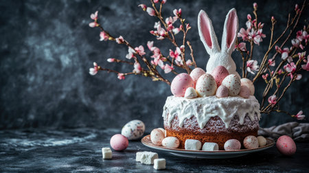 Create 15 prompts for stock photos related to Beautiful stylish still life. Easter cake with rabbit ears, meringue, marshmallows, Easter eggs and willow twigs on a dark background. happy Easter 2024. with 100-250 characters and ending withの素材