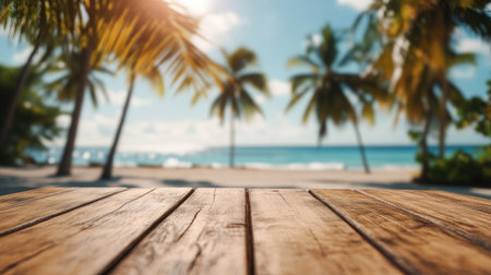 Close-up of a wooden table surface, with a blurred beach and swaying coconut palms in the background under the bright summer sun.の素材