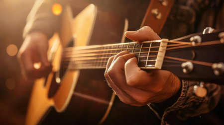 Close-up of guitar chords being played by a musician's hands on an acoustic guitar, highlighted by hard light with a blurred musical background.の素材