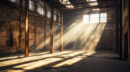 Bright sunlight streaming into an abandoned warehouse, highlighting worn wooden support beams and rough brick walls, giving the space a warm, nostalgic glow.の素材