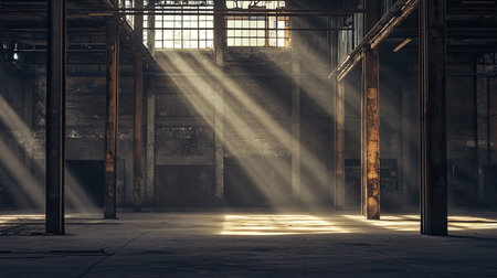 Dust particles float in beams of sunlight streaming through the windows of a rustic warehouse, illuminating the exposed metal support beams and bare floors.の素材