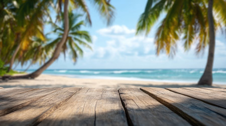 Close-up of a wooden table with a tropical beach blurred in the background, featuring coconut trees swaying in the breeze under sunny skies.の素材