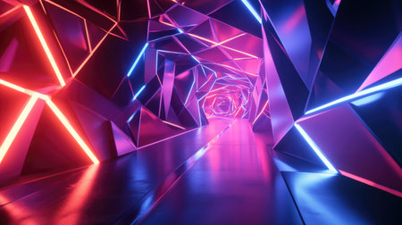 Digital 3D rendering of complex geometric shapes and neon light trails, evoking the feel of futuristic technology.の素材