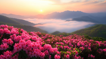 Early morning fog blankets the mountains near Hapcheon-gun, as pink azaleas bloom across Hwangmaesan Mountain under the golden light of sunrise.の素材
