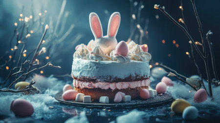 Easter cake with whimsical rabbit ears, surrounded by pastel meringue, marshmallows, Easter eggs, and delicate willow twigs in a cozy, dark setting. Happy Easter 2024.の素材