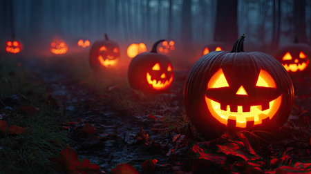 Foggy, dark night with glowing Halloween pumpkins casting a haunting glow, perfect for a scary holiday atmosphere.の素材