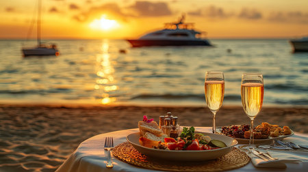 Elegant beach dinner table for two at sunset, with fine food, champagne, and yachts in the background, perfect for a romantic vacation or wedding celebration.の素材