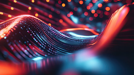 Futuristic 3D rendering of geometric shapes and glowing light trails, creating a dynamic digital background.の素材