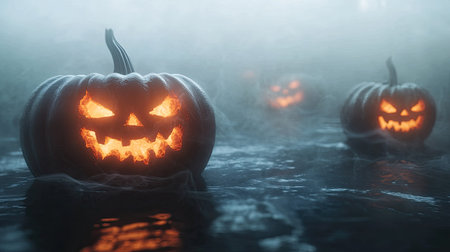 Glowing Halloween pumpkins with evil grins in a dark, foggy setting, with mist swirling around for a perfect horror holiday background.の素材