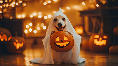 Halloween dog in a ghost costume, gripping a pumpkin with a cute face in its mouth, with eerie Halloween lights glowing in the background.の素材