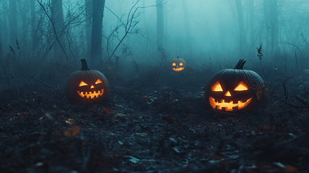 Halloween pumpkins with glowing faces in a foggy forest, creating an eerie and unsettling holiday horror background.の素材