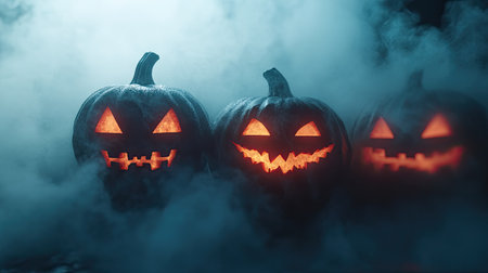 Group of eerie Halloween pumpkins glowing in the dark amidst thick fog, with an ominous atmosphere perfect for a horror holiday setting.の素材