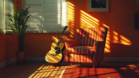 Hard light streaming through blinds in a music room, illuminating an acoustic guitar next to a retro armchair with long shadows on the floor.の素材