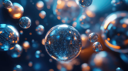 High-tech 3D rendering of floating spheres and light patterns, creating an abstract digital background perfect for tech-themed designs.の素材