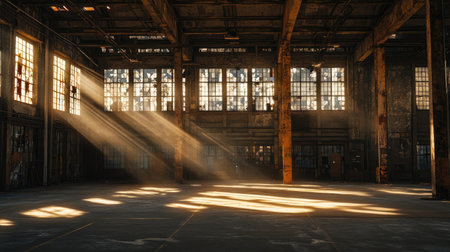Golden sunlight filters through broken windows, casting shadows across the empty warehouse floor and highlighting the structure's exposed wooden beams.の素材