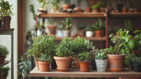 Indoor plants growing in pots of various sizes and designs, arranged on shelves and tables in a cozy home interior. Flower care tools are neatly placed for easy access.の素材