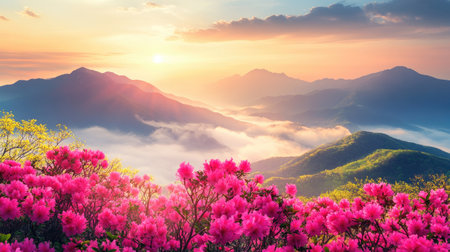 Morning sunlight filtering through the fog, illuminating pink azaleas blooming on Hwangmaesan Mountain with a breathtaking view of misty mountains in the background.の素材