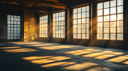 Large windows flood an empty warehouse with warm light, casting dramatic shadows over the exposed steel beams and concrete floor in this rustic industrial space.の素材