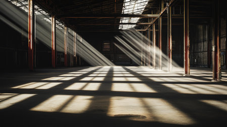 Rays of light stream into an empty industrial warehouse, casting long shadows from the exposed support columns across the floor, creating a dramatic, moody effect.の素材