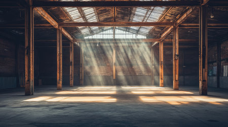 Morning sunlight streams into a rustic warehouse, illuminating the exposed wooden beams and rough concrete floor, creating a serene industrial space.の素材