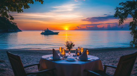 Luxurious honeymoon dinner setup on a beach at sunset, with a table for two, fine dining, champagne, and a stunning ocean and yacht view.の素材