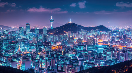 Seoul city at night with skyscrapers lighting up the sky, Namsan Mountain crowned by its iconic tower, and Bukhansanaes peaks visible in the far distance.の素材