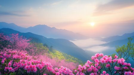Morning sunlight filtering through the fog, illuminating pink azaleas blooming on Hwangmaesan Mountain with a breathtaking view of misty mountains in the background.の素材