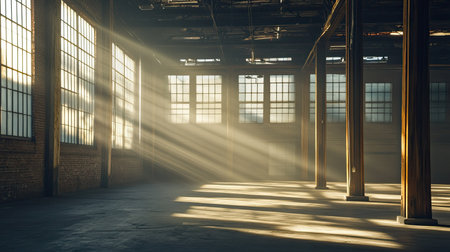 Rays of sunlight streaming through high windows in a spacious, empty warehouse with exposed wooden columns, creating a moody, atmospheric interior.の素材