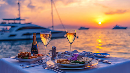 Romantic sunset beach dinner with a luxurious table setup for two, featuring fine food, champagne, and a breathtaking view of the sea and yachts.の素材