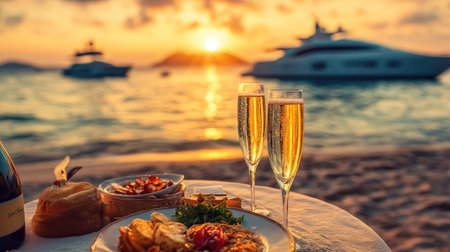 Romantic beach dinner table with champagne and fine food, set at sunset with a view of the sea and yachts in the background, perfect for a honeymoon.の素材