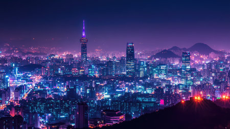 Seoul city skyline lit up at night, with towering skyscrapers and a clear view of Namsan Mountain and Bukhansan, creating a perfect balance of urban and natural beauty.の素材
