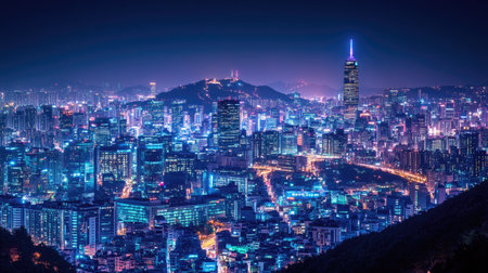Seoul city skyline lit up at night, with towering skyscrapers and a clear view of Namsan Mountain and Bukhansan, creating a perfect balance of urban and natural beauty.の素材